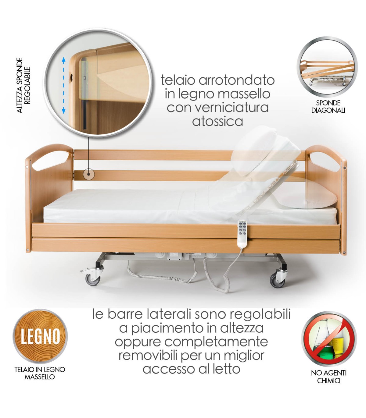 Noleggio letto ortopedico da degenza elettrico in legno a 6,50 euro al  giorno